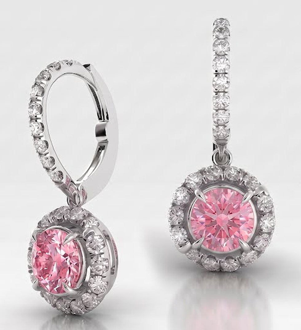 Round Pink Lab Grown Diamond and White Diamond Halo Leverback Earrings 14K White Gold