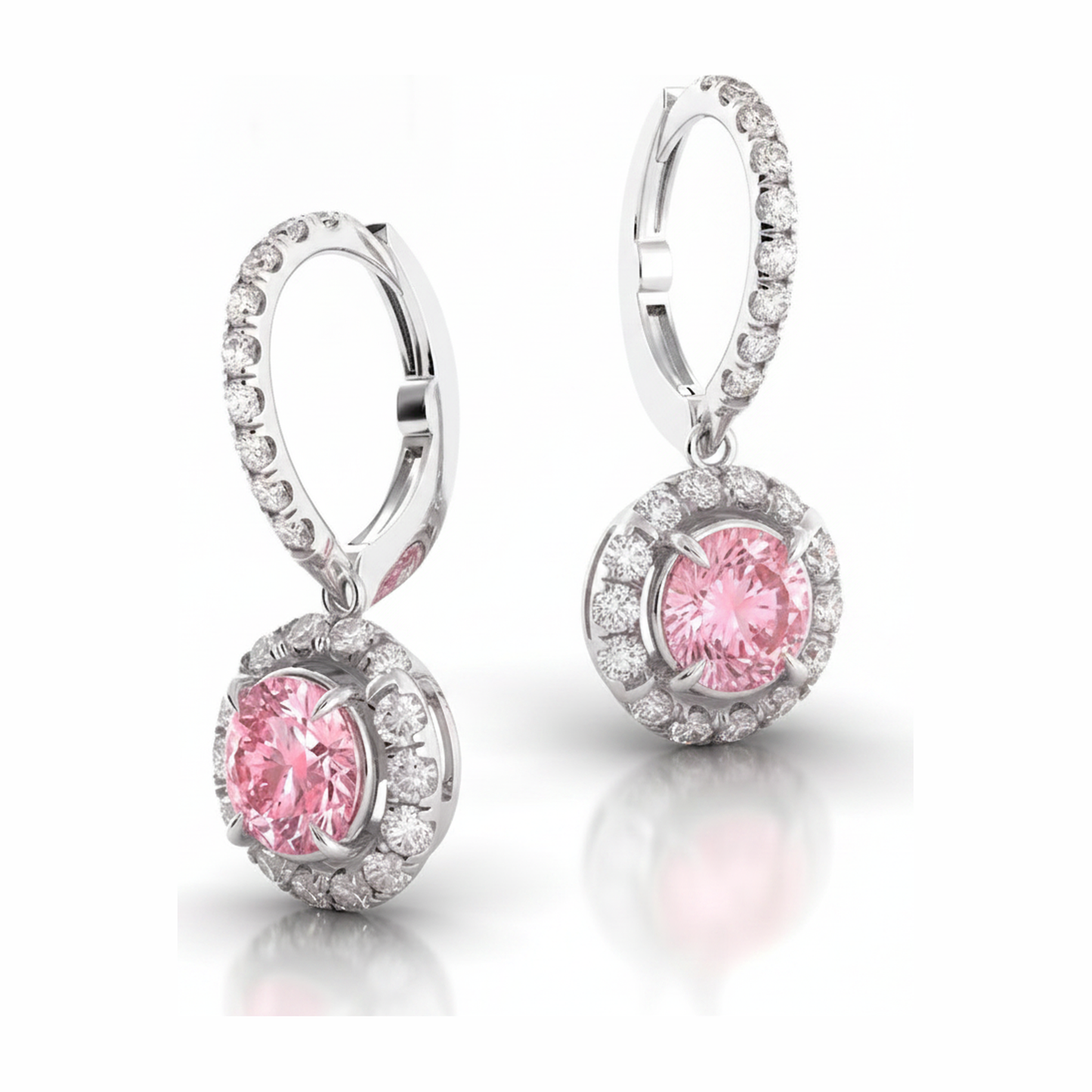 Round Pink Lab Grown Diamond and White Diamond Halo Leverback Earrings 14K White Gold