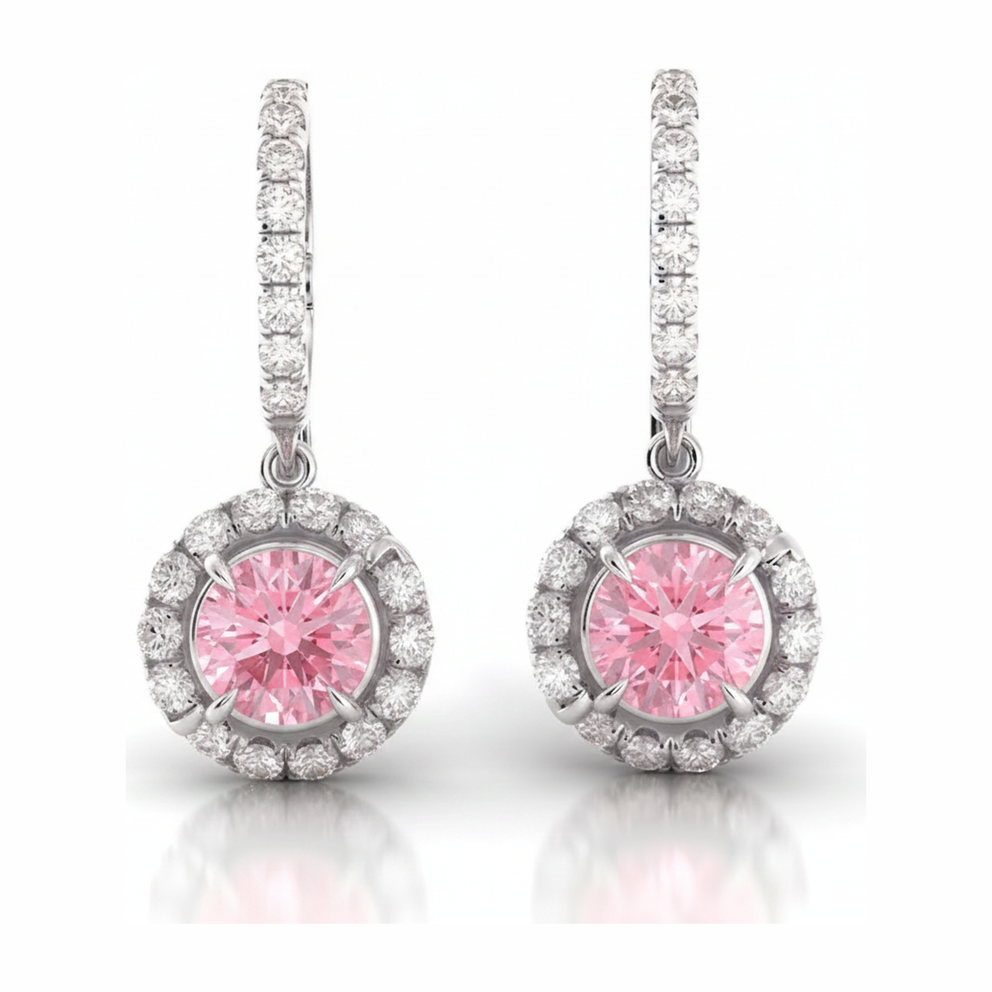 Round Pink Lab Grown Diamond and White Diamond Halo Leverback Earrings 14K White Gold