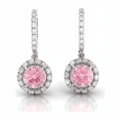 Round Pink Lab Grown Diamond and White Diamond Halo Leverback Earrings 14K White Gold