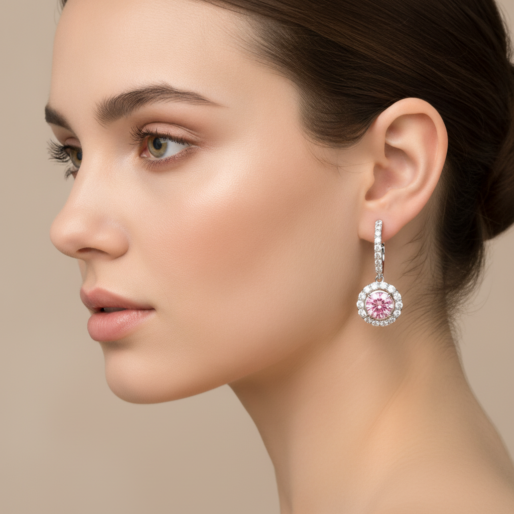 Round Pink Lab Grown Diamond and White Diamond Halo Leverback Earrings 14K White Gold worn on ear
