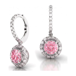 Pink Diamond Earrings 0.5 Carat Lab Grown Round Halo Leverback 14K White Gold