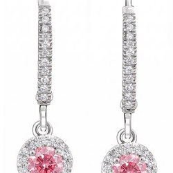 Round Pink Lab Grown Diamond and White Diamond Pave Halo Leverback Earrings 14K White Gold