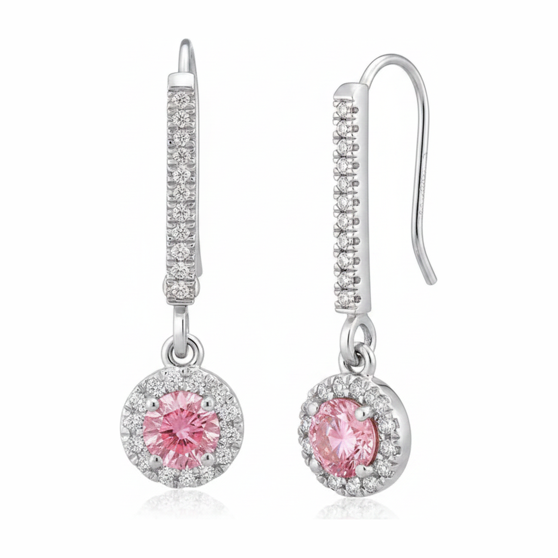 Round Pink Lab Grown Diamond and White Diamond Pave Halo Leverback Earrings 14K White Gold