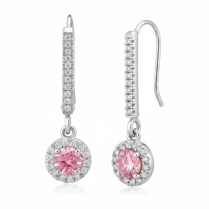 Round Pink Lab Grown Diamond and White Diamond Pave Halo Leverback Earrings 14K White Gold