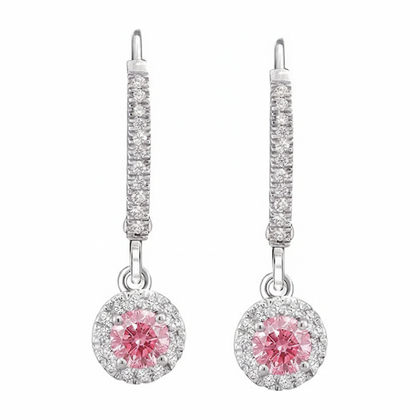 Round Pink Lab Grown Diamond and White Diamond Pave Halo Leverback Earrings 14K White Gold
