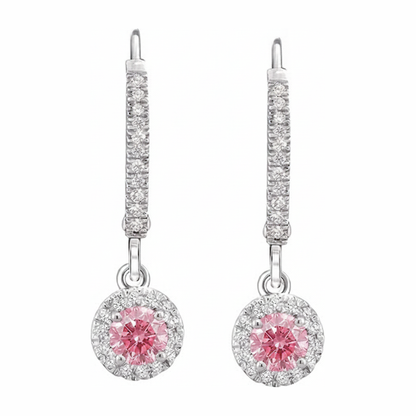 Round Pink Lab Grown Diamond and White Diamond Pave Halo Leverback Earrings 14K White Gold