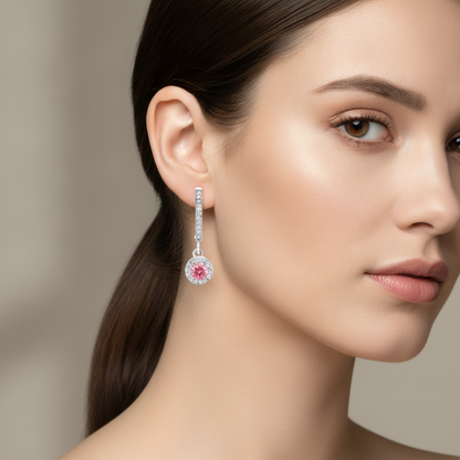 Round Pink Lab Grown Diamond and White Diamond Pave Halo Leverback Earrings 14K White Gold worn on ear