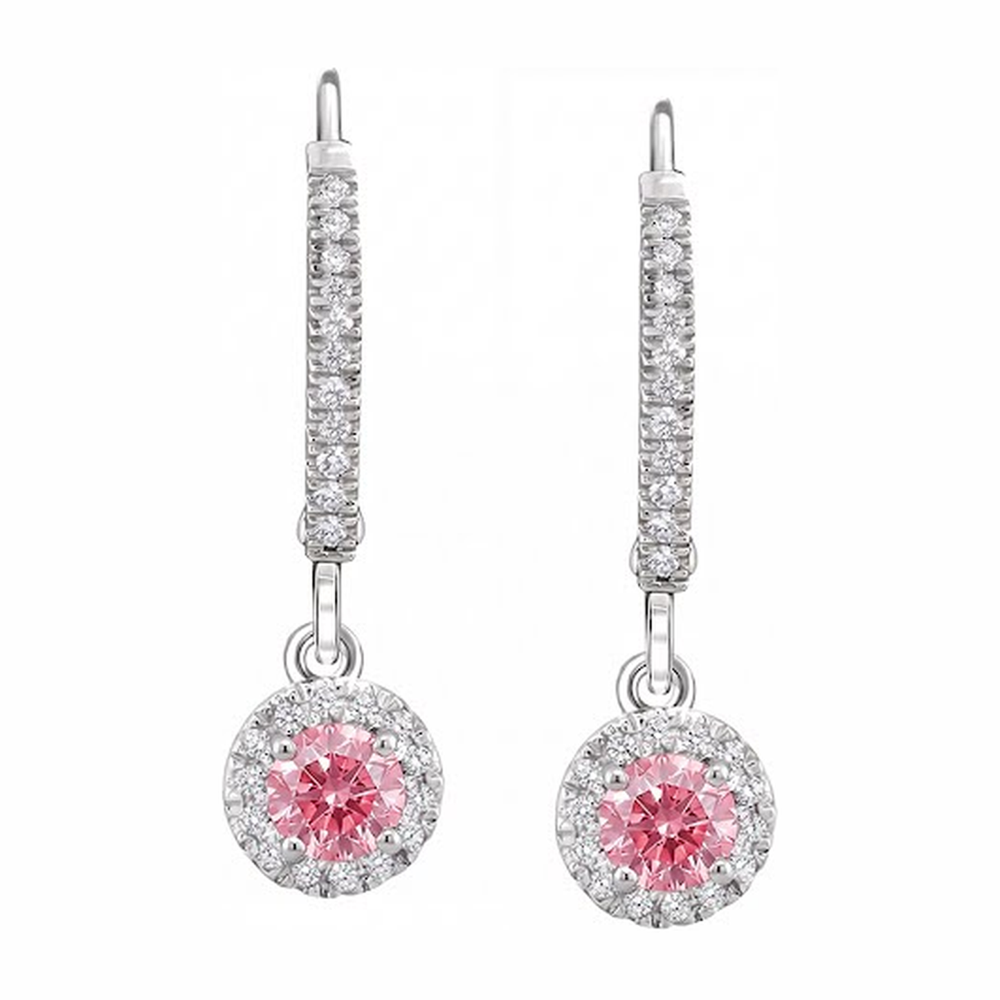 Round Pink Lab Grown Diamond and White Diamond Pave Halo Leverback Earrings 14K White Gold