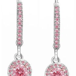 Round Pink Lab Grown Diamond Halo and Pink Diamond Pave Leverback Earrings 14K White Gold