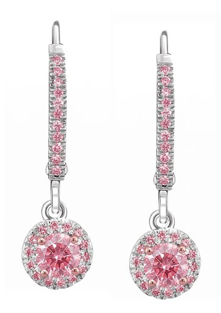 Round Pink Lab Grown Diamond Halo and Pink Diamond Pave Leverback Earrings 14K White Gold