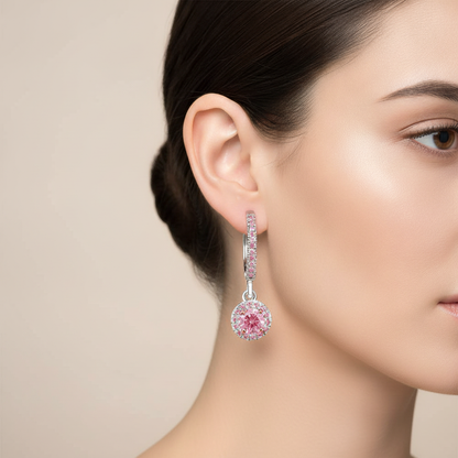 Round Pink Lab Grown Diamond Halo and Pink Diamond Pave Leverback Earrings 14K White Gold worn on ear