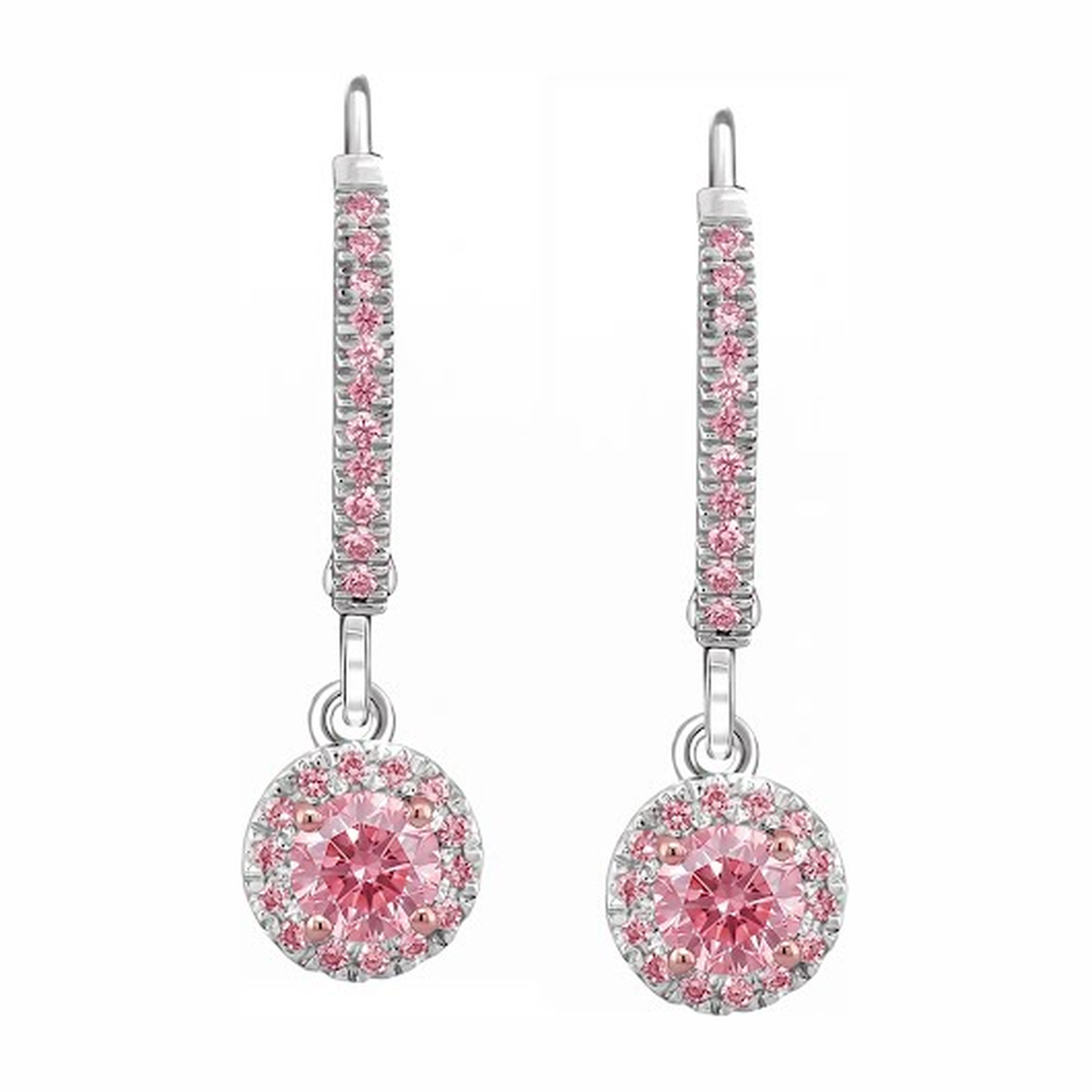 Round Pink Lab Grown Diamond Halo and Pink Diamond Pave Leverback Earrings 14K White Gold