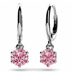 Round Pink Lab Grown Diamond Solitaire Leverback Earrings 14K White Gold