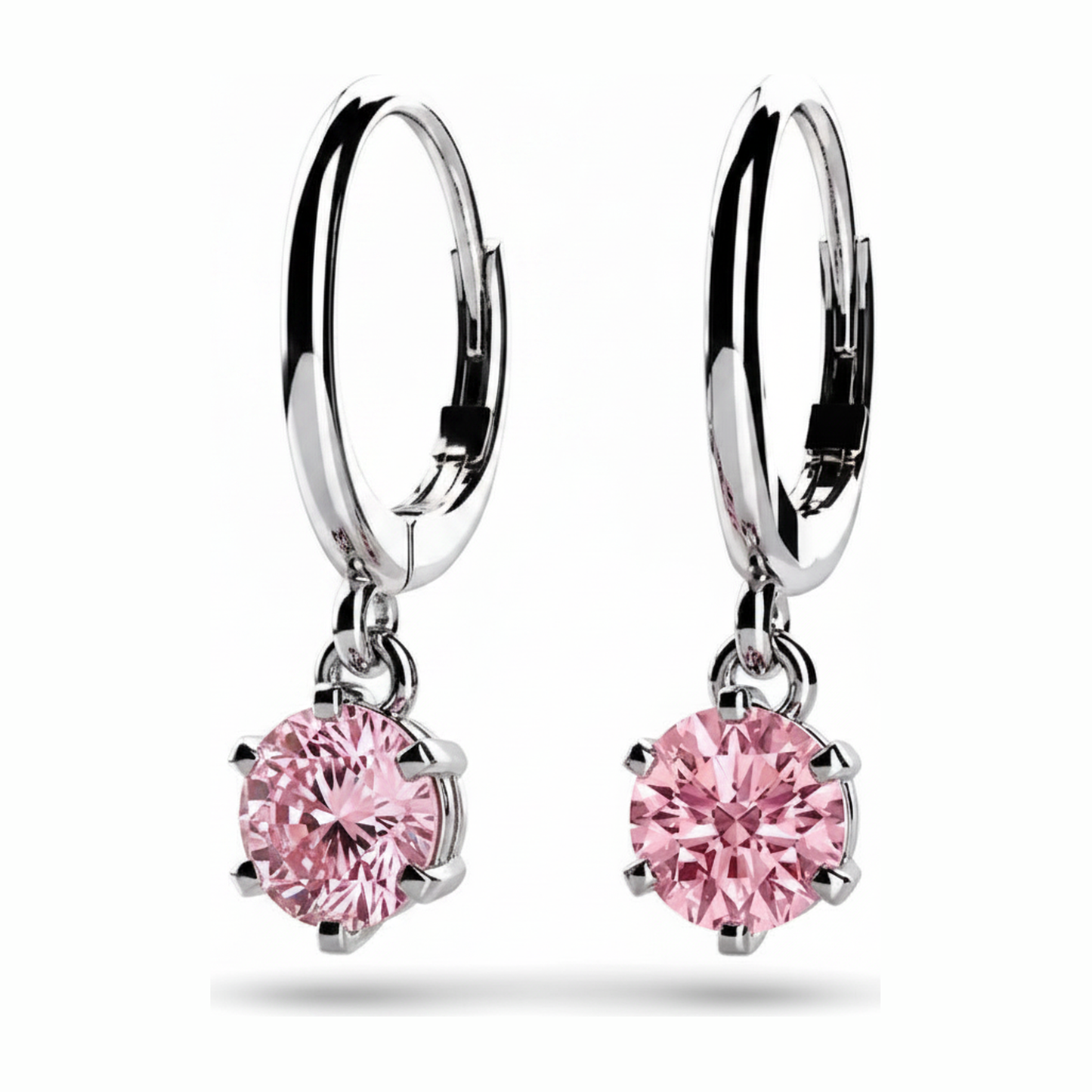 Round Pink Lab Grown Diamond Solitaire Leverback Earrings 14K White Gold