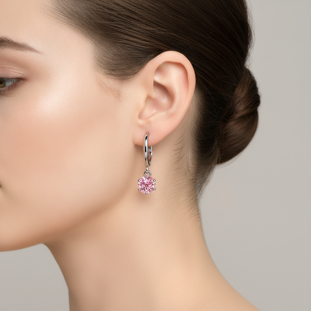 Round Pink Lab Grown Diamond Solitaire Leverback Earrings 14K White Gold worn on ear