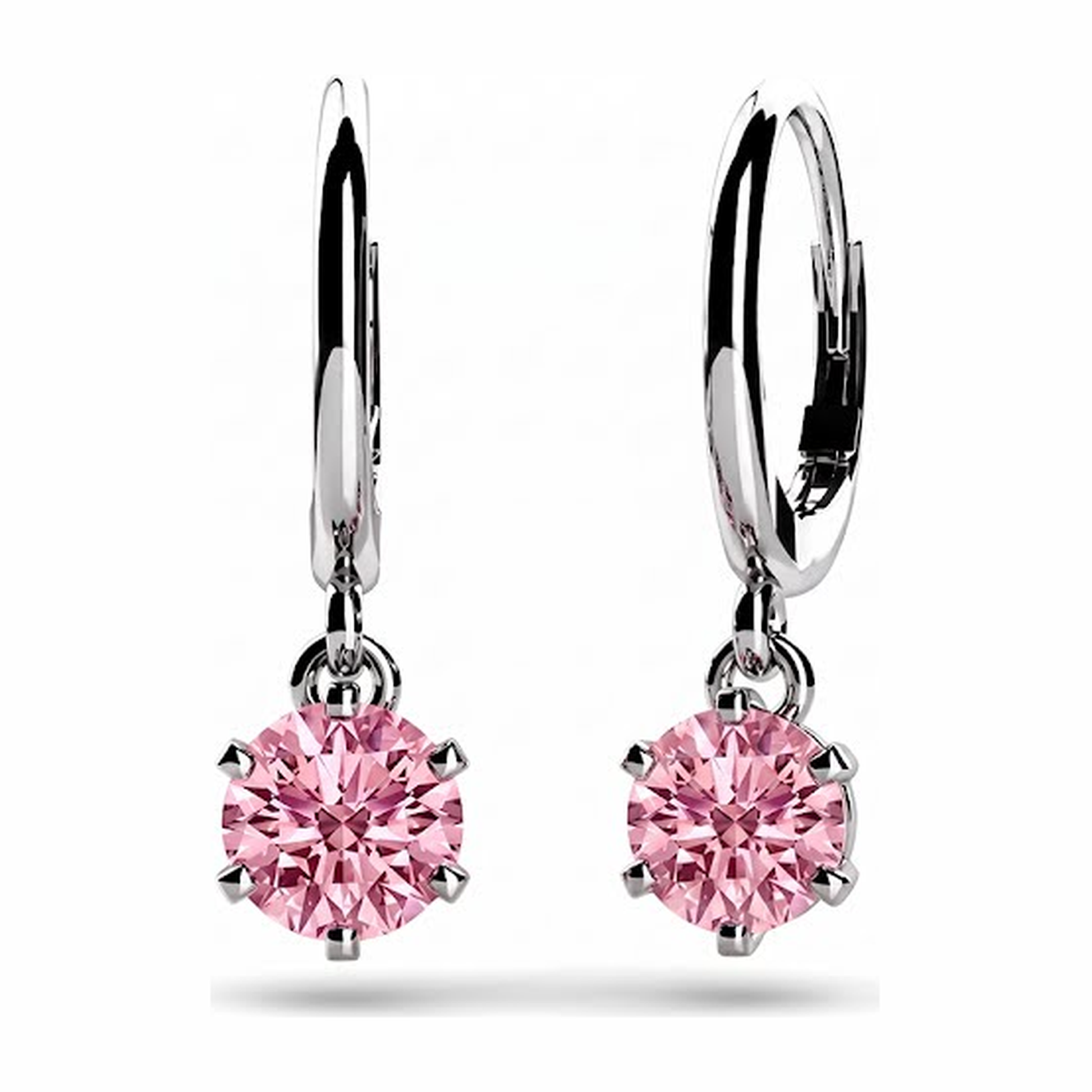 Round Pink Lab Grown Diamond Solitaire Leverback Earrings 14K White Gold