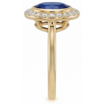 Oval Cut Royal Blue Sapphire ring in 14 Karat Yellow Gold – profile view