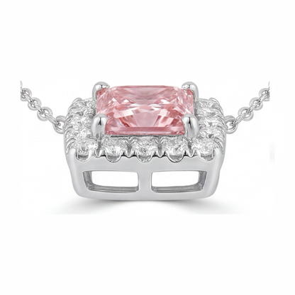 Pink Diamond Necklace 4.5 Carat Lab Grown Radiant Halo Pave Pendant 14K White Gold