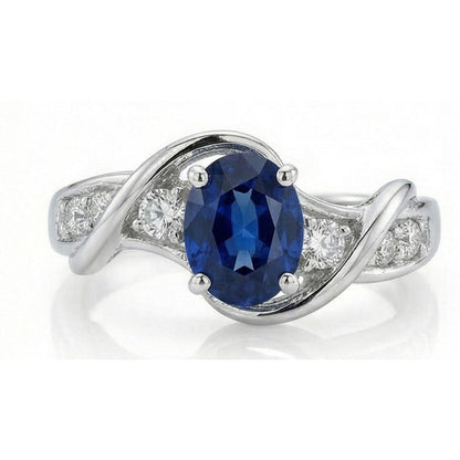 14K White Gold Ceylon Sapphire With Natural Earth Mined Diamond Wedding Ring 1.25 Ct
