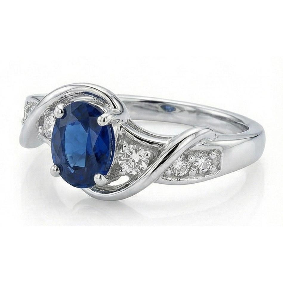 14K White Gold Ceylon Sapphire With Natural Earth Mined Diamond Wedding Ring 1.25 Ct