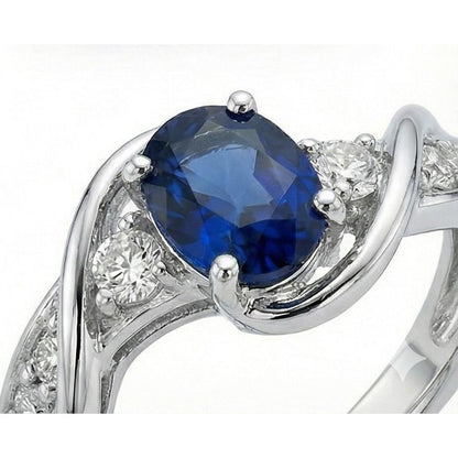 14K White Gold Ceylon Sapphire With Natural Earth Mined Diamond Wedding Ring 1.25 Ct