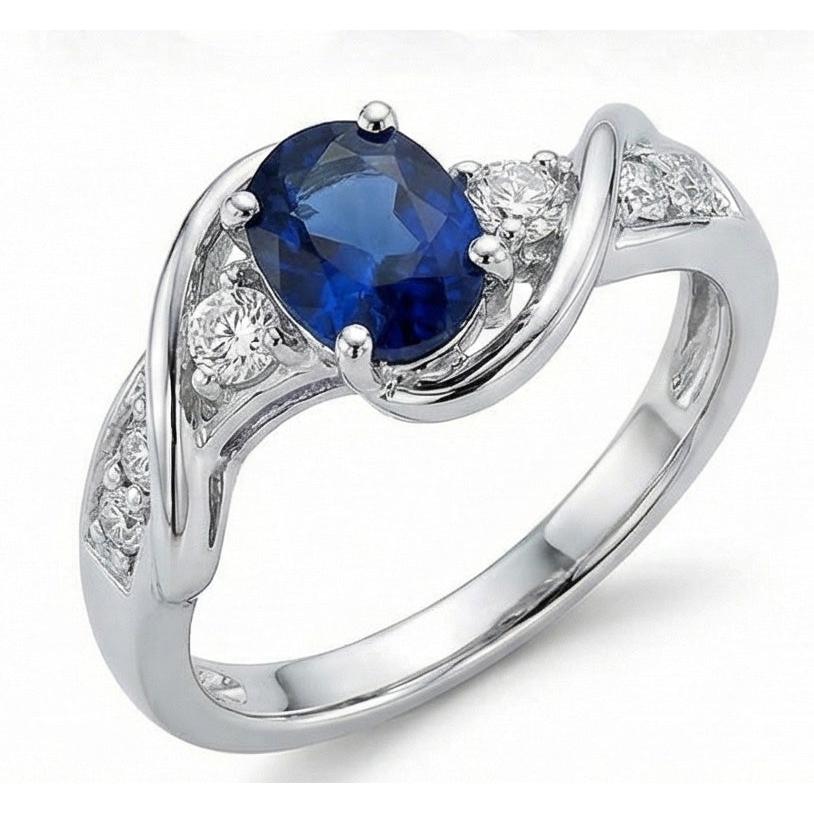 14K White Gold Ceylon Sapphire With Natural Earth Mined Diamond Wedding Ring 1.25 Ct