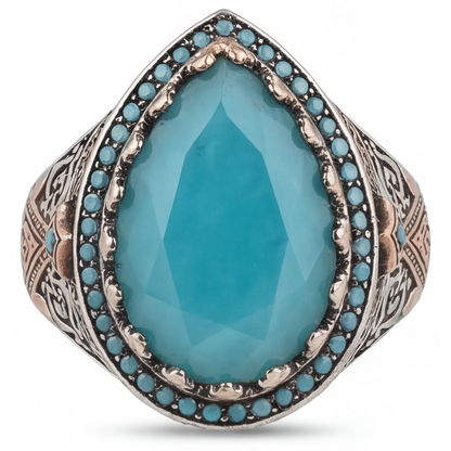 Genuine Turquoise Halo Setting Ring 8.5 ct Two-Tone 14K Gold – front view