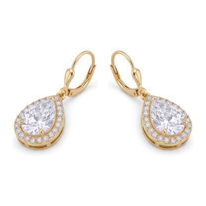 White Diamond Drop Earrings 3.5 Carat Lab Grown Pear Halo Leverback 14K Yellow Gold