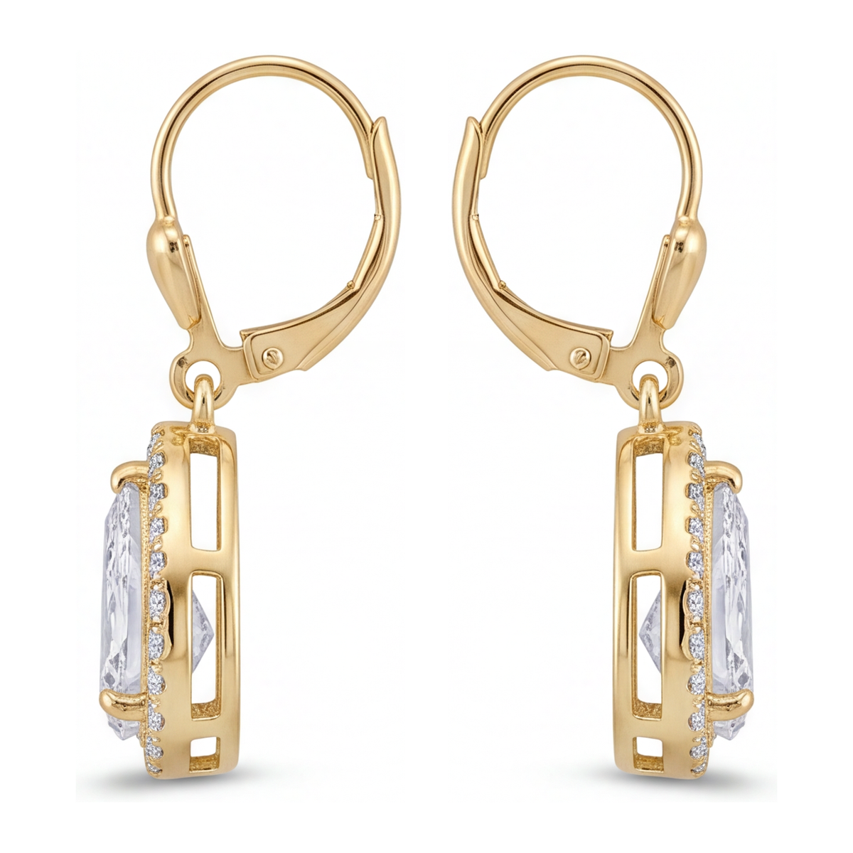 White Diamond Drop Earrings 3.5 Carat Lab Grown Pear Halo Leverback 14K Yellow Gold