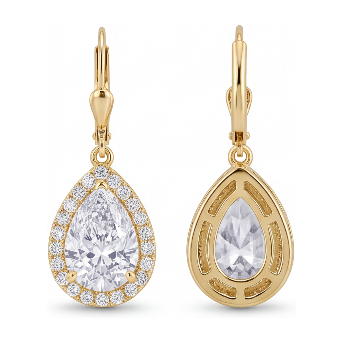 White Diamond Drop Earrings 3.5 Carat Lab Grown Pear Halo Leverback 14K Yellow Gold