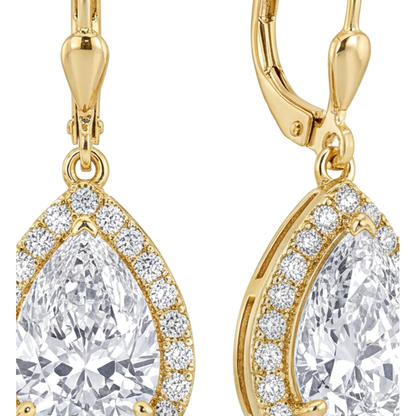 White Diamond Drop Earrings 3.5 Carat Lab Grown Pear Halo Leverback 14K Yellow Gold