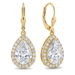 White Diamond Drop Earrings 3.5 Carat Lab Grown Pear Halo Leverback 14K Yellow Gold