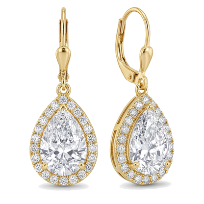White Diamond Drop Earrings 3.5 Carat Lab Grown Pear Halo Leverback 14K Yellow Gold
