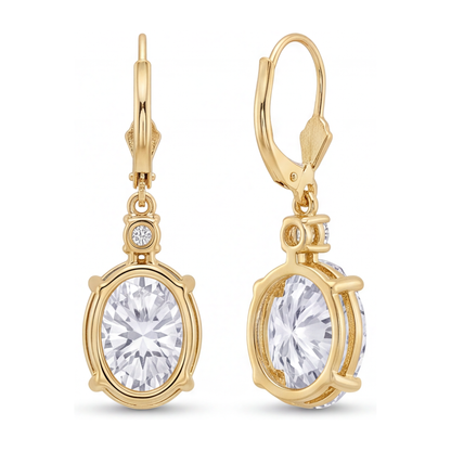 White Diamond Drop Earrings 3 Carat Lab Grown Oval Leverback 14K Yellow Gold