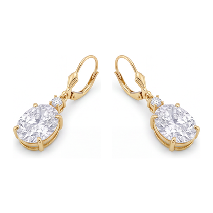 White Diamond Drop Earrings 3 Carat Lab Grown Oval Leverback 14K Yellow Gold