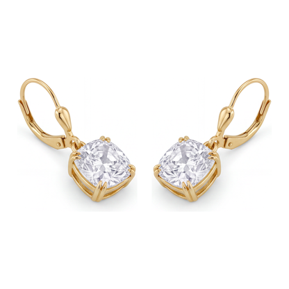 White Diamond Drop Earrings 4 Carat Lab Grown Cushion Leverback 14K Yellow Gold