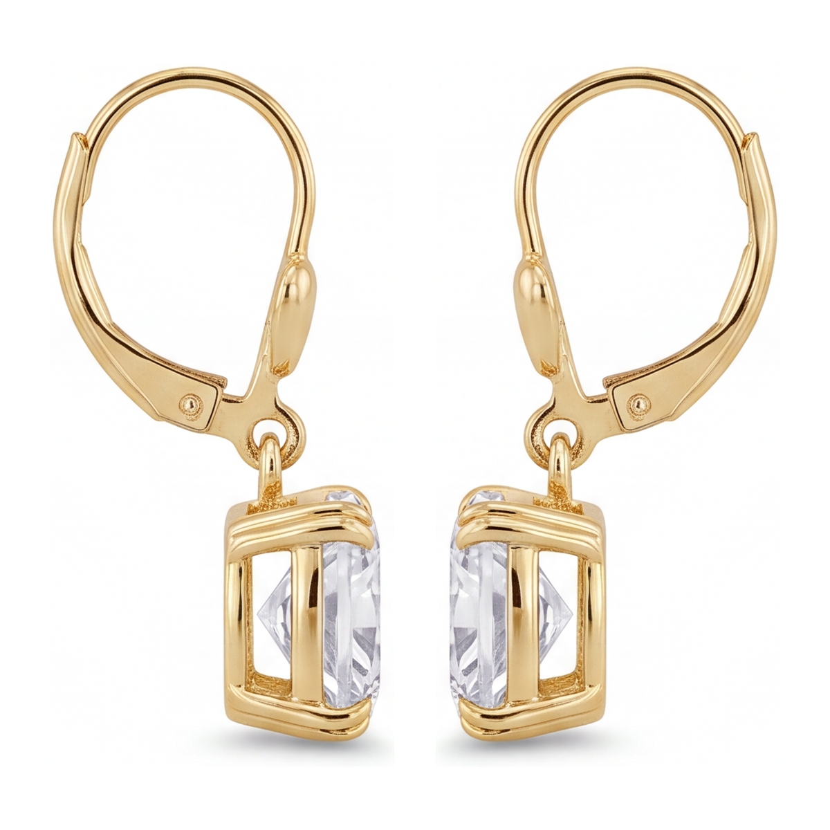 White Diamond Drop Earrings 4 Carat Lab Grown Cushion Leverback 14K Yellow Gold