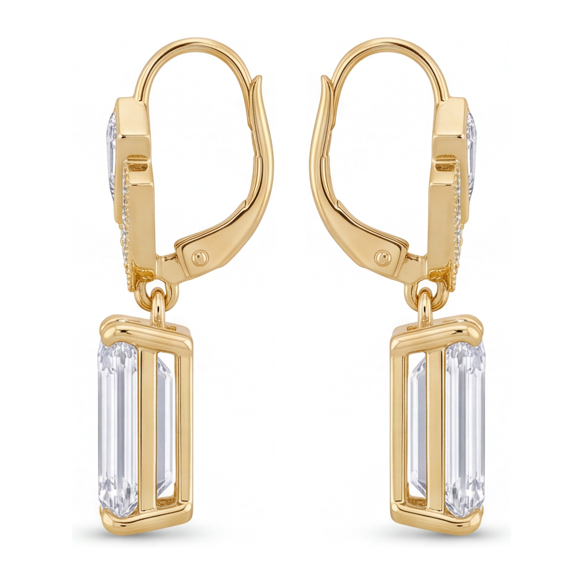 White Diamond Drop Earrings 4 Carat Lab Grown Emerald Cut Art Deco 14K Yellow Gold