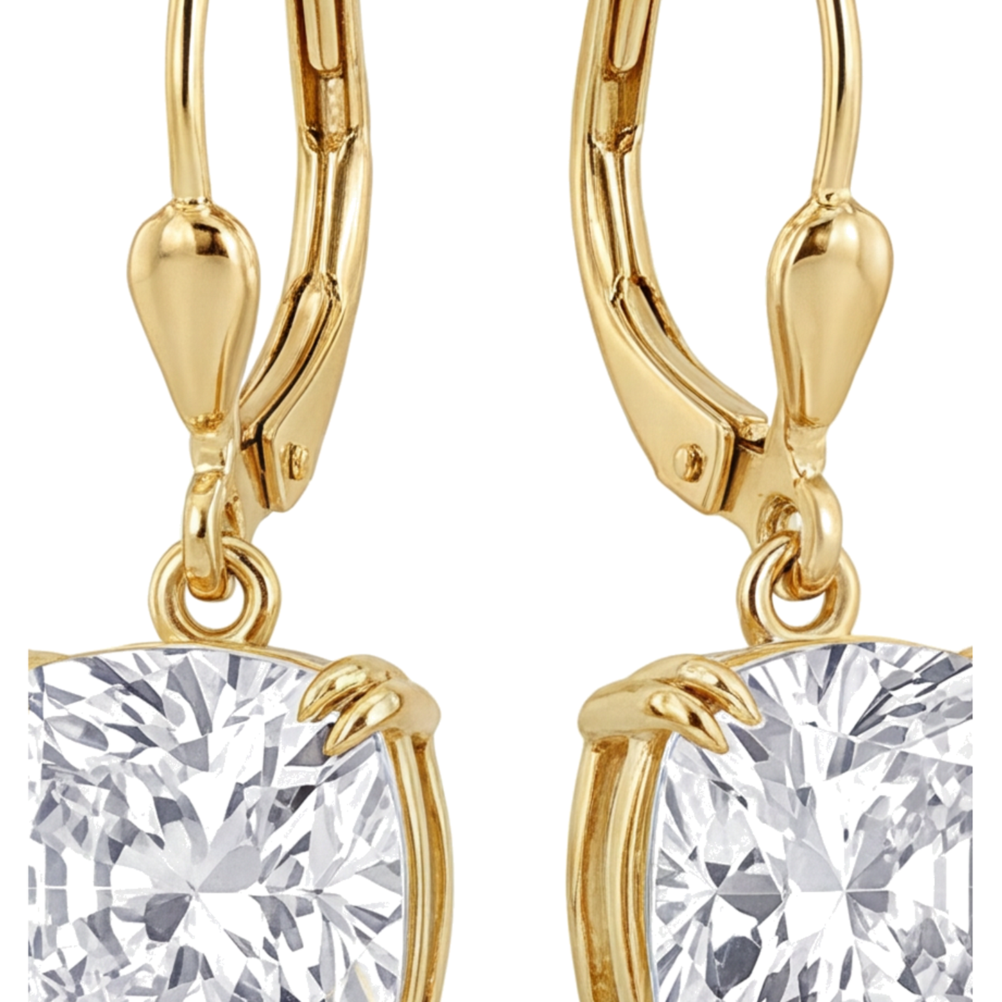 White Diamond Drop Earrings 4 Carat Lab Grown Cushion Leverback 14K Yellow Gold