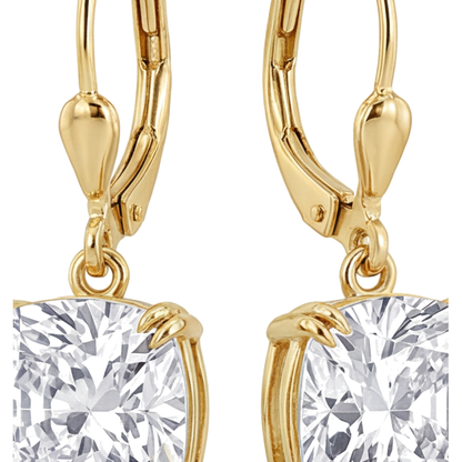 White Diamond Drop Earrings 4 Carat Lab Grown Cushion Leverback 14K Yellow Gold