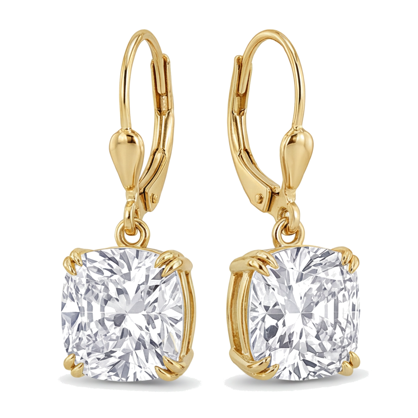 White Diamond Drop Earrings 4 Carat Lab Grown Cushion Leverback 14K Yellow Gold