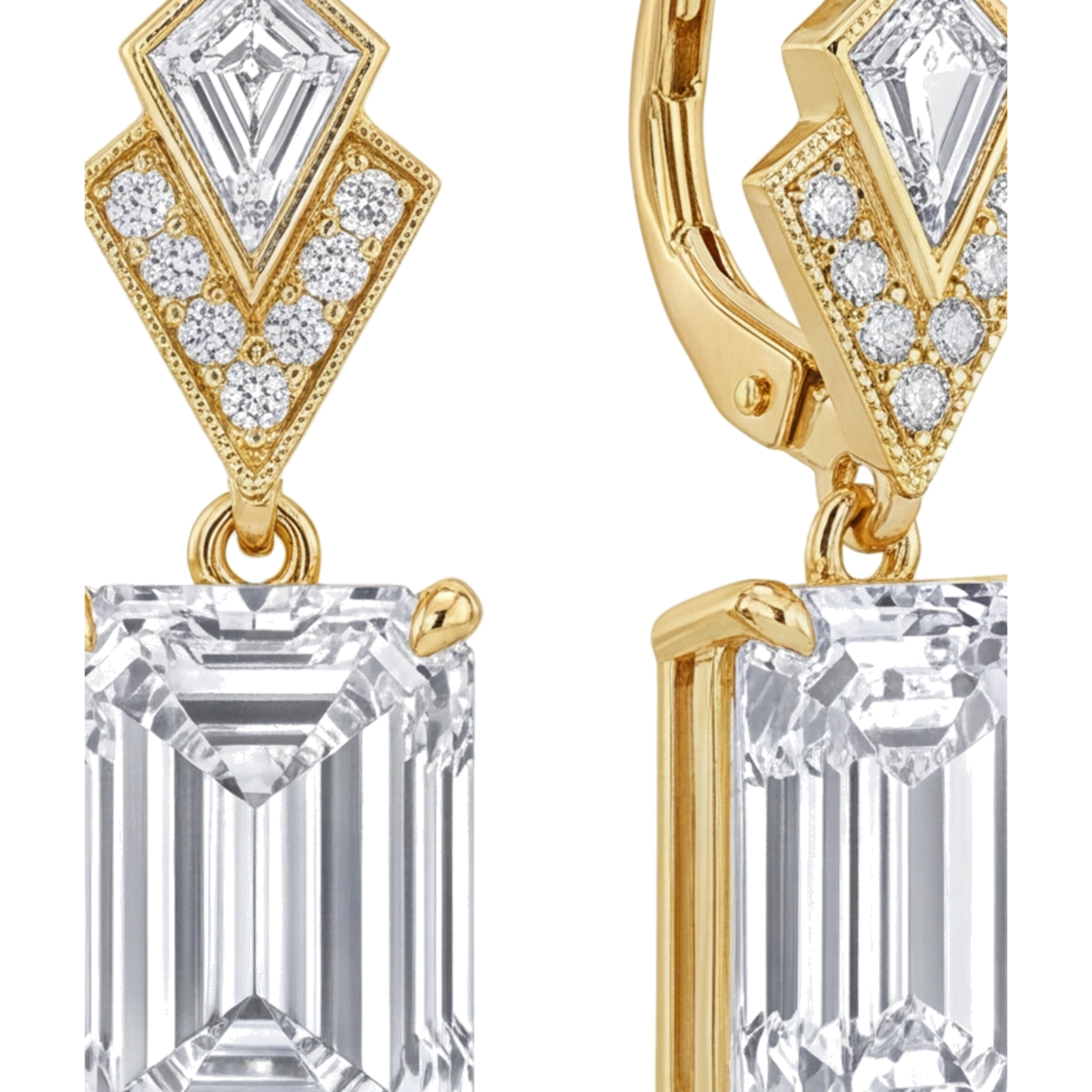 White Diamond Drop Earrings 4 Carat Lab Grown Emerald Cut Art Deco 14K Yellow Gold