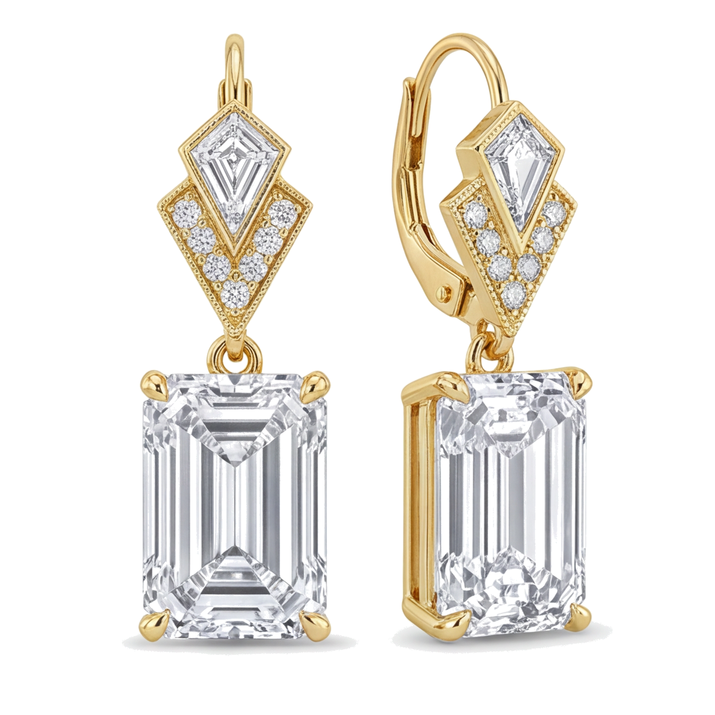 White Diamond Drop Earrings 4 Carat Lab Grown Emerald Cut Art Deco 14K Yellow Gold