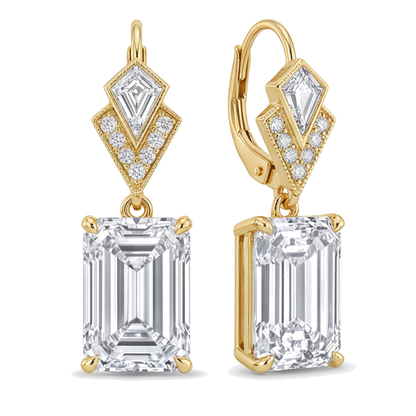 White Diamond Drop Earrings 4 Carat Lab Grown Emerald Cut Art Deco 14K Yellow Gold