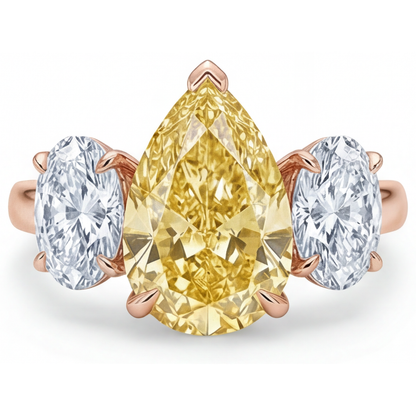 Yellow Canary Diamond Pear Shape 3-Stone Ring in 14K Rose Gold – front view