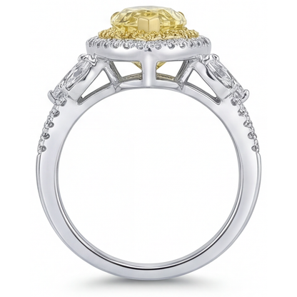 Yellow Canary Diamond Pear Cut Halo Setting Ring in Two-Tone 14K Gold – detail view