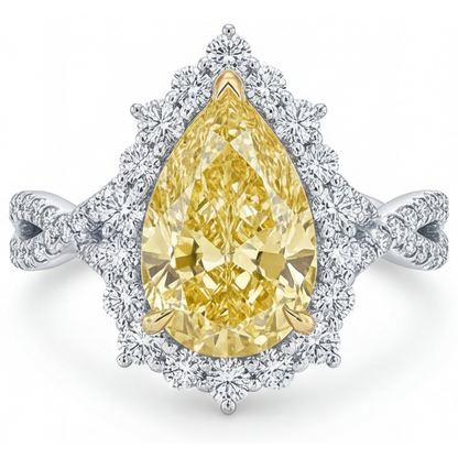 Yellow Canary Diamond Pear Cut Halo Setting Ring in Two-Tone 14K Gold – main view