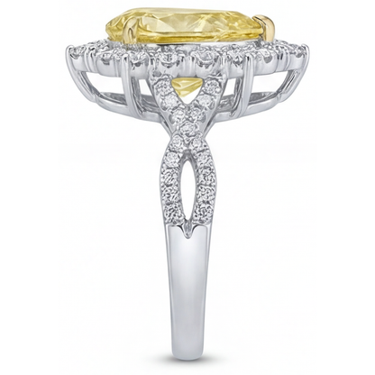 Pear Cut Yellow Canary Diamond ring in Two-Tone 14K Gold – top view