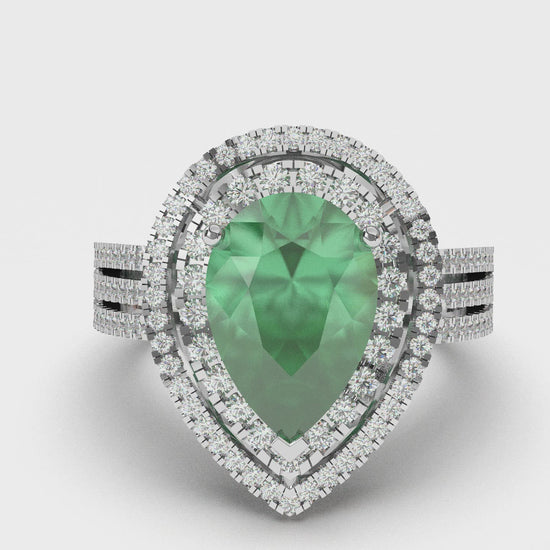 Ladies Weeding Beautiful Pear Shape Green Emerald Diamond Ring White Gold  Gemstone Ring